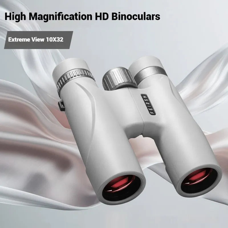 Blue and grey 10x32 binoculars with wine red film lenses, shown with dimensions.