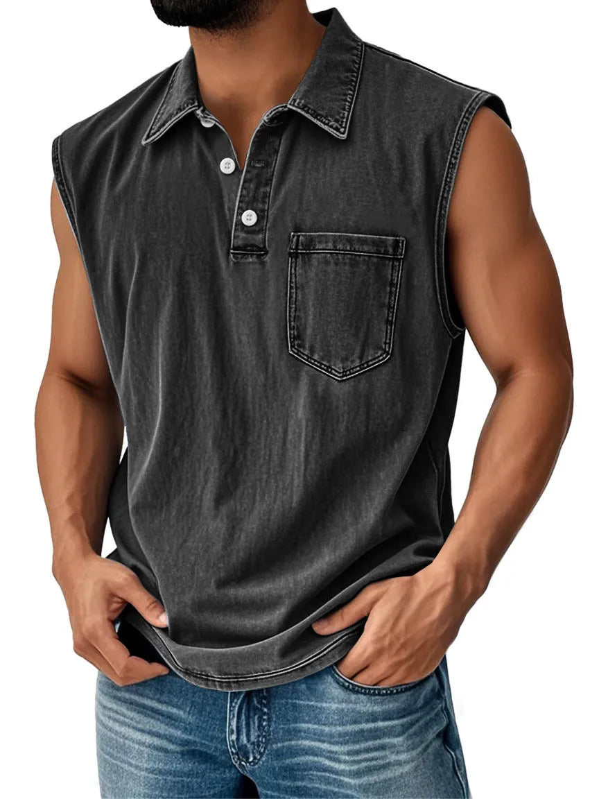 Man wearing a short sleeve polo shirt with a 3D digital printed pattern and button-down collar.