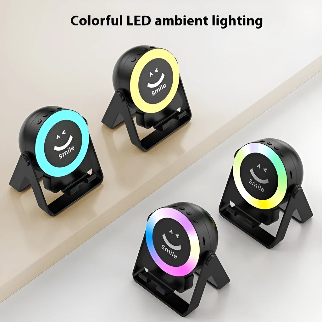 Black and white rechargeable Bluetooth speaker with induction bracket and colourful LED lighting