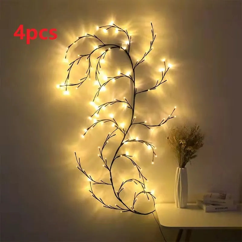 Flexible LED vine light garland with birch bark texture and warm white LEDs bent into decorative shape