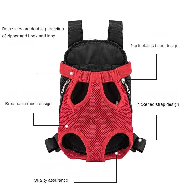 A person wearing a black nylon dog carrier backpack on their chest, containing a small dog looking out.