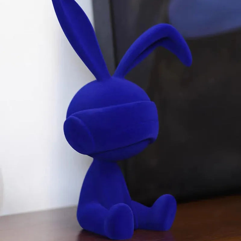 Suede blindfold rabbit resin table ornament in blue, green, or red colour options