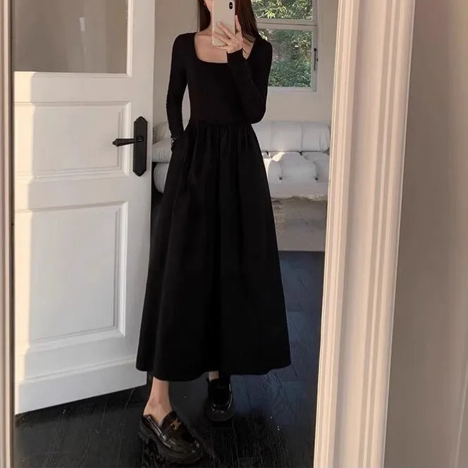 Women's black square collar knitted dress with elastic waist and A-line long skirt