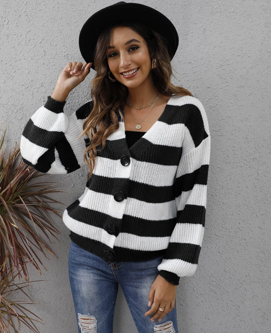 Women's striped button cardigan in deer plush fabric, shown in available colours.