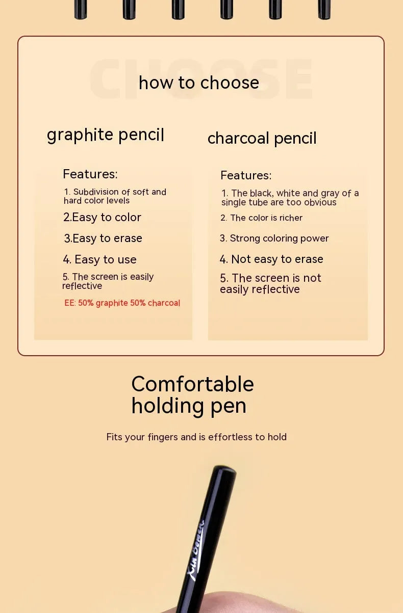 Set of wood-free graphite sketching pencils showing six different hardness grades including HB 2B 4B 6B 8B and EE