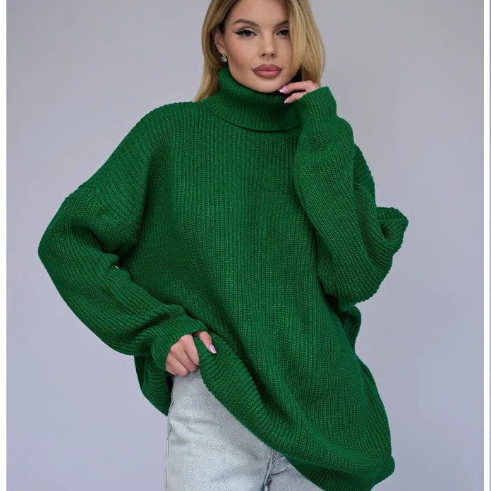 Women's solid colour high neck pullover sweater in a loose fit, shown in sky blue