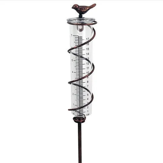 Cast iron bird-shaped rain gauge with glass measurement cylinder for garden weather tracking