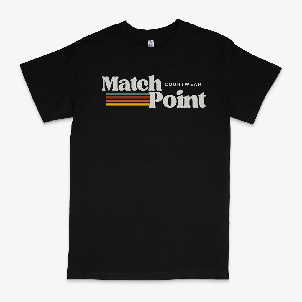 Black men's casual t-shirt with a digital text pattern print on the front, showing short sleeves and a round neck.