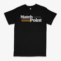 Black men's casual t-shirt with a digital text pattern print on the front, showing short sleeves and a round neck.