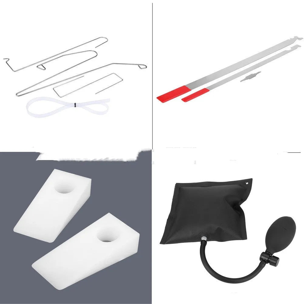 9-piece automotive maintenance tool set with air pump wedge, hooks, and crowbars for emergency vehicle access