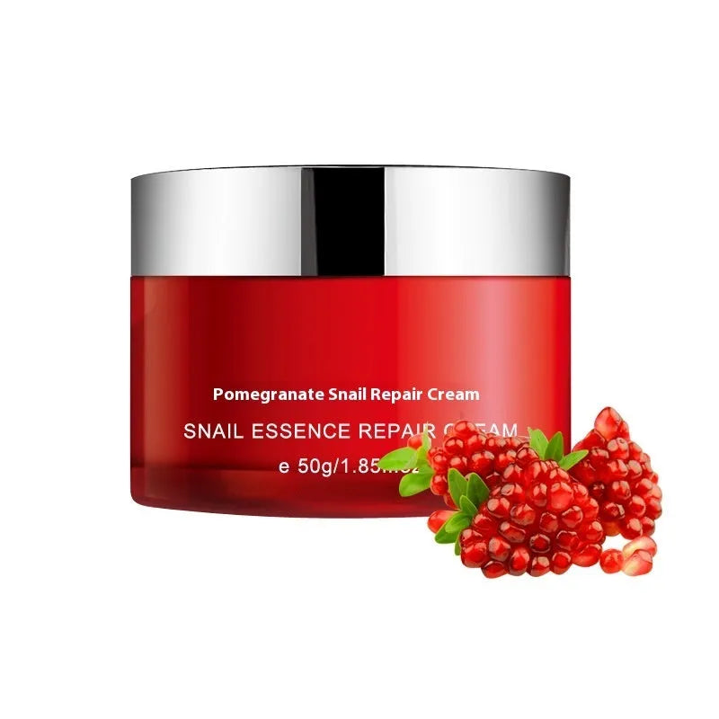 Pomegranate skincare set with four products: face wash, toner, lotion and facial cream in red packaging.