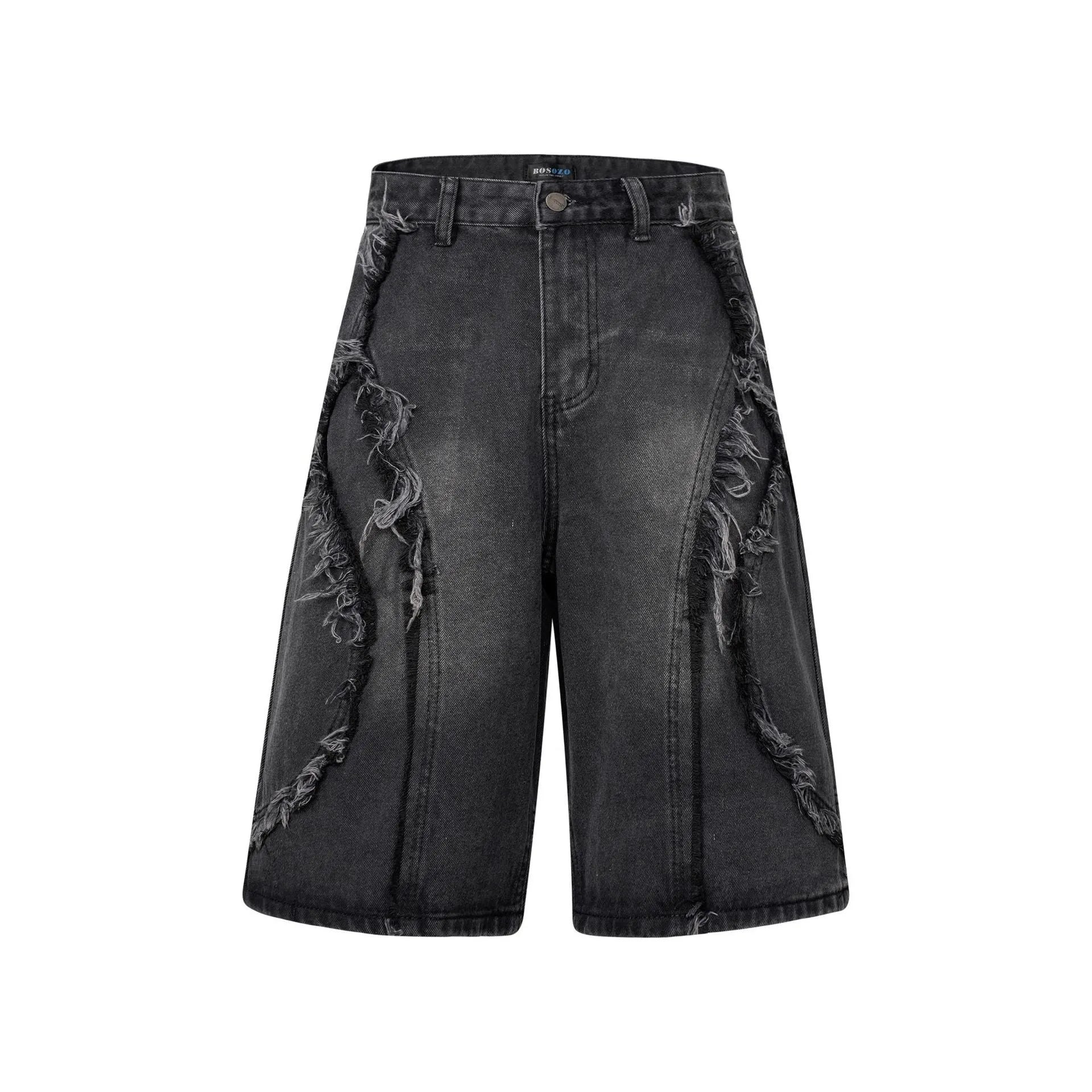 Distressed denim shorts with raw edge hem in straight cut hip hop style
