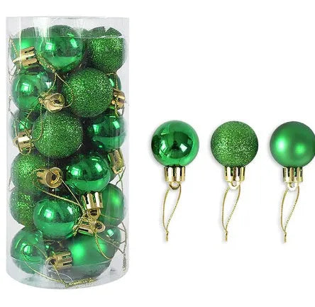Assorted gold, red, silver and blue 3cm diameter shiny matte Christmas baubles displayed together.