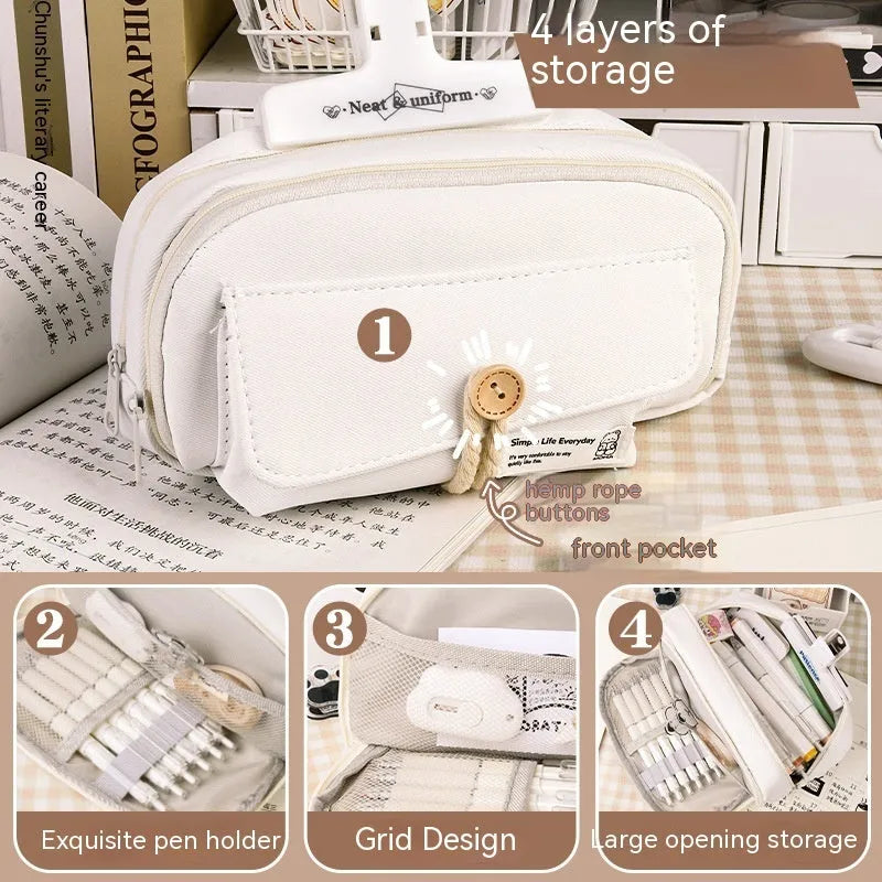 Korean style canvas pencil case in green, beige, blue, or grey, showing large capacity for pens.