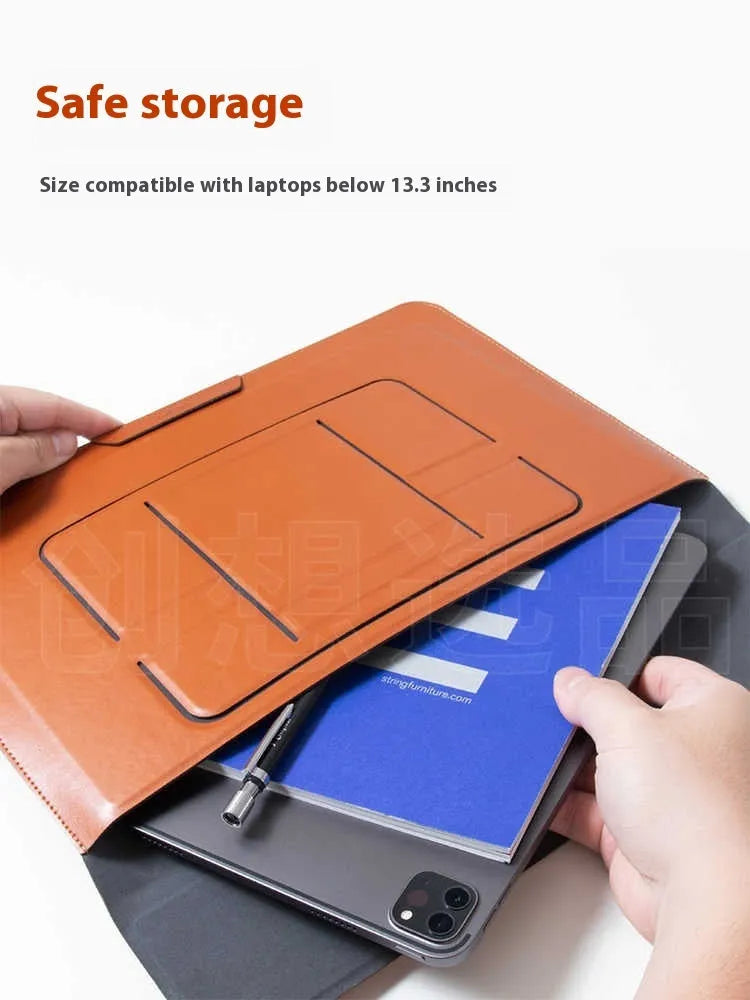Brown 13.3-inch laptop bracket bag with integrated dual-angle stand open on a desk