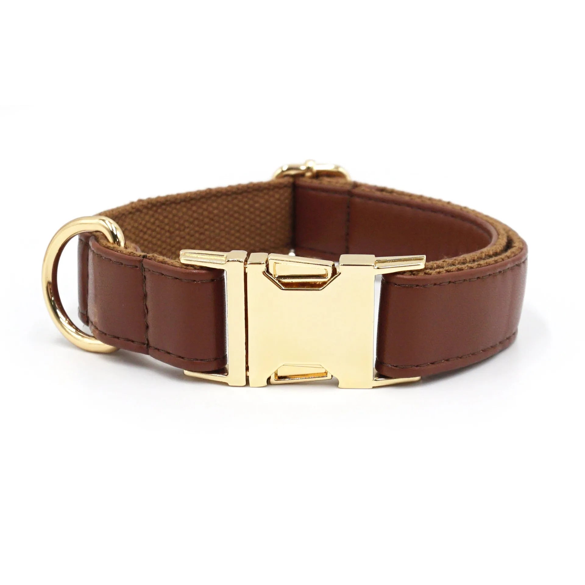 Colour-block leather dog collar with velvet trim shown in caramel colour