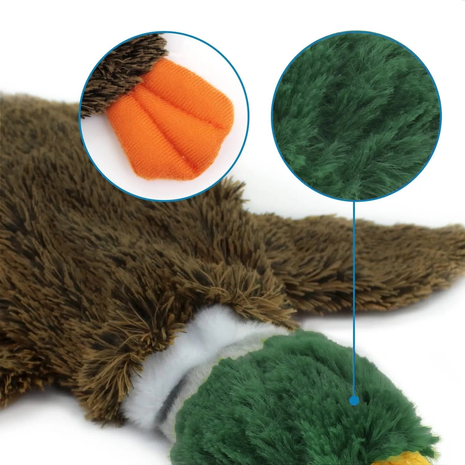Green wild duck shaped stuffless dog toy with soft plush fabric and squeakers for pets