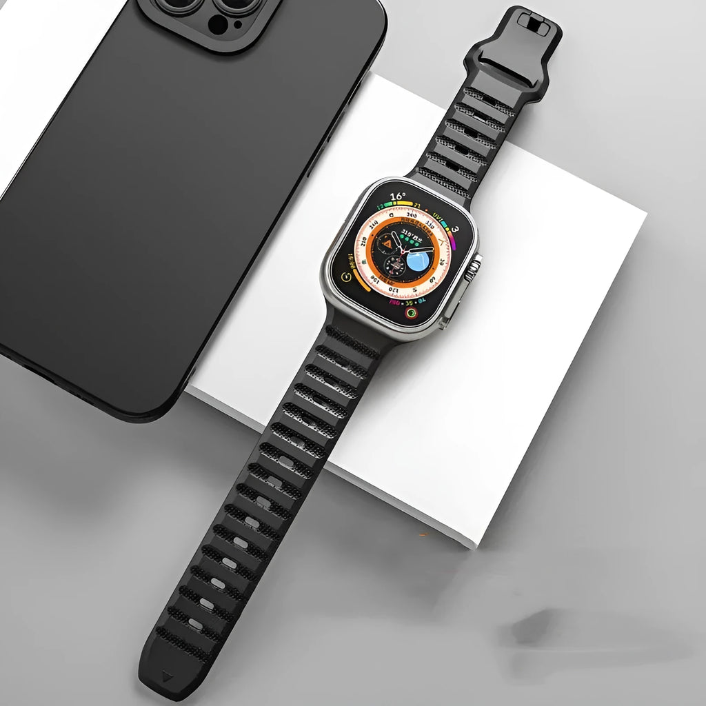 Fluoro rubber Apple Watch strap with T-buckle in multiple colour options.