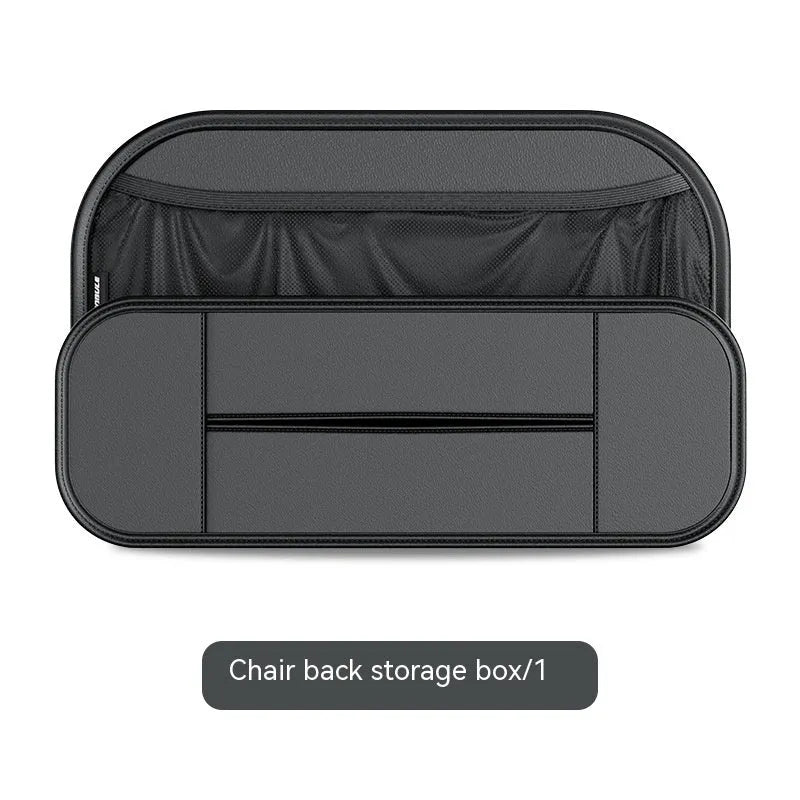 Black leather car seat rear storage bag measuring 36x24x8cm hanging on a vehicle seat back
