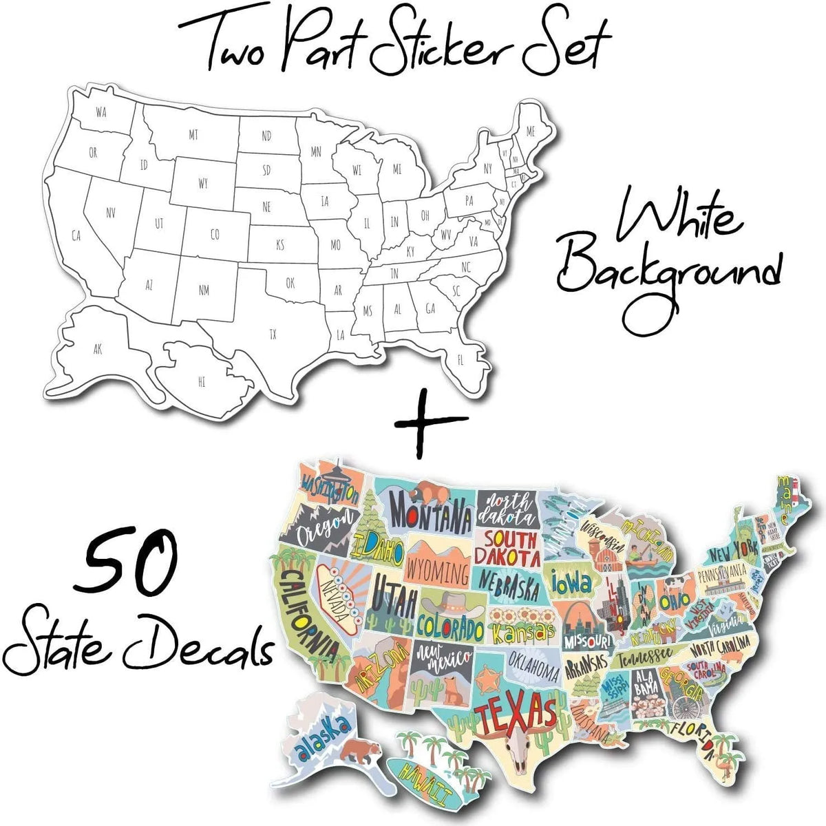 Travel destination car sticker set with map designs and letter styles for vehicle decoration
