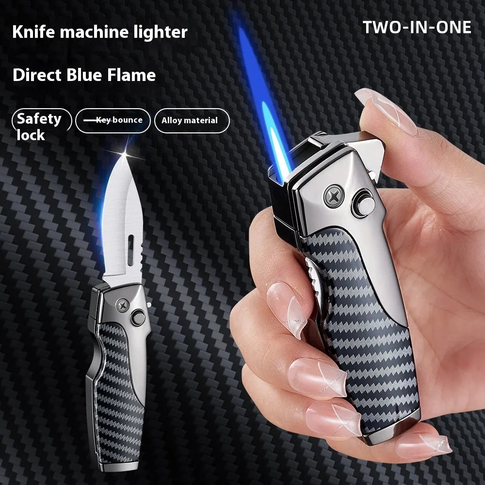 Zinc alloy metal folding lighter tool with jet flame and knife blade in a camouflage finish.