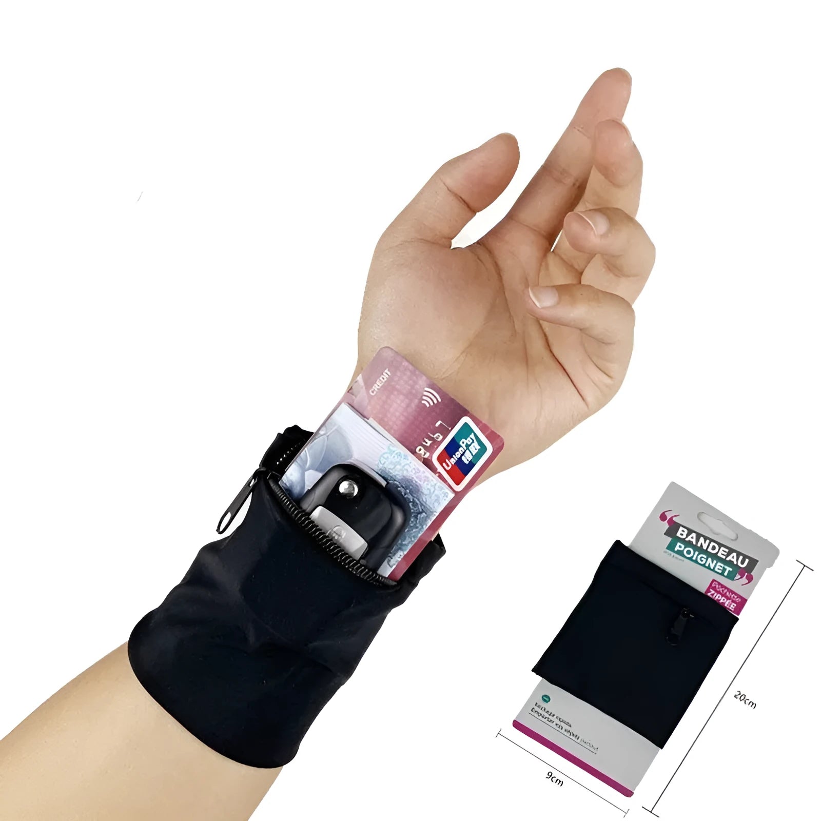 Compact 10x10.5cm wrist bag armband sleeve for mobile phones, shown with cardboard packaging for camping and fitness use.