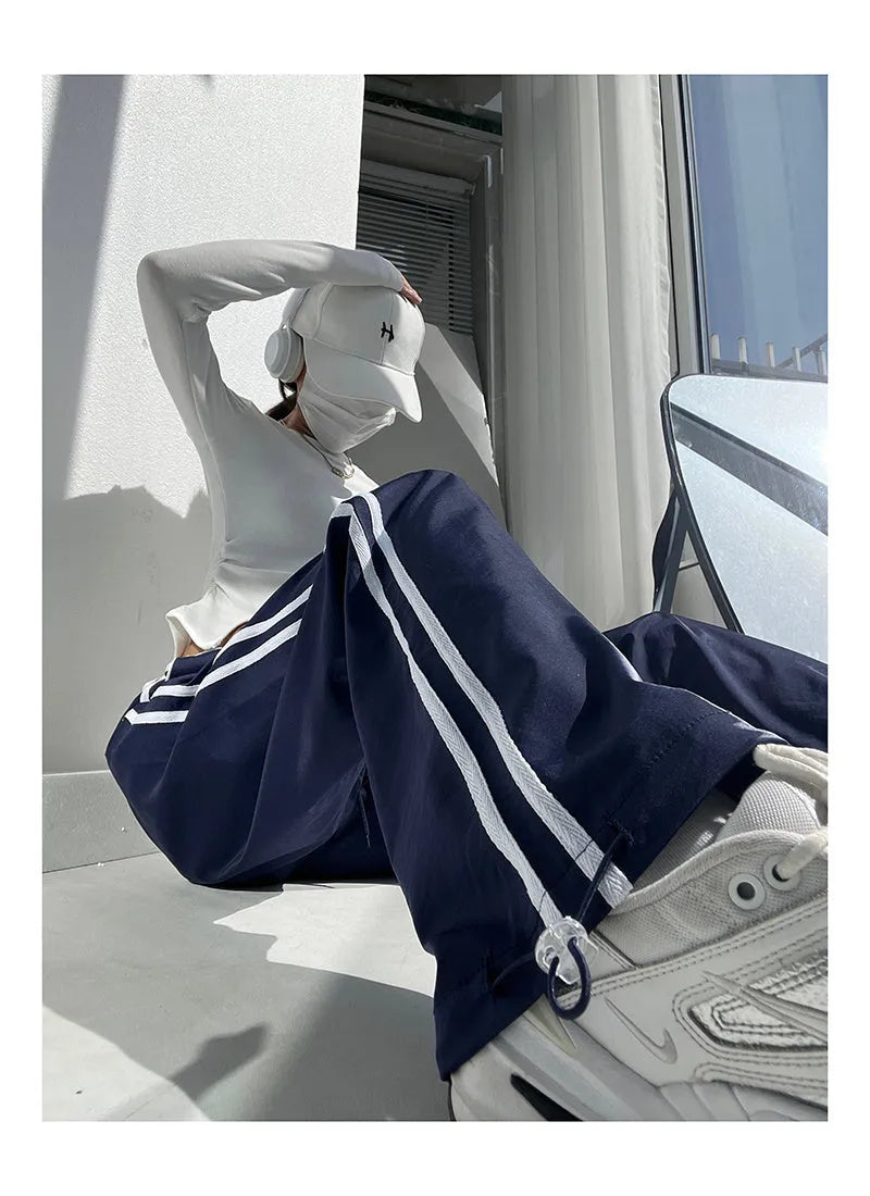 Women's ribbon contrast loose straight trousers in navy blue with low-waist fit and thin fabric