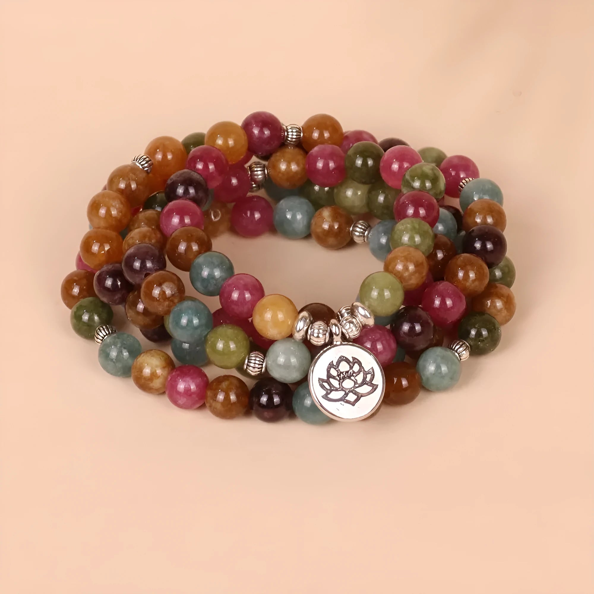 108-bead lotus hanging multi-layer bracelet in tourmaline colour with alloy construction