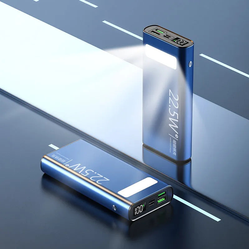 Alloy power bank with LCD display showing battery percentage, available in four colours