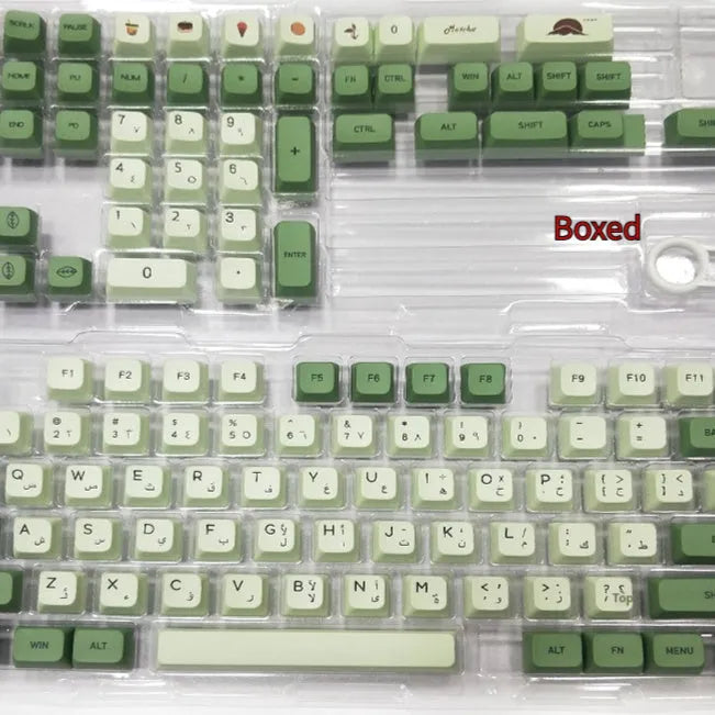 124 PBT keycaps with matcha green colour and white doubleshot legends for mechanical keyboards.