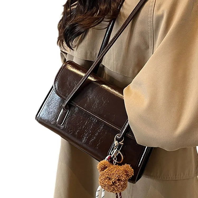 Women's Maillard style PU shoulder bag in brown with horizontal square shape and double strap