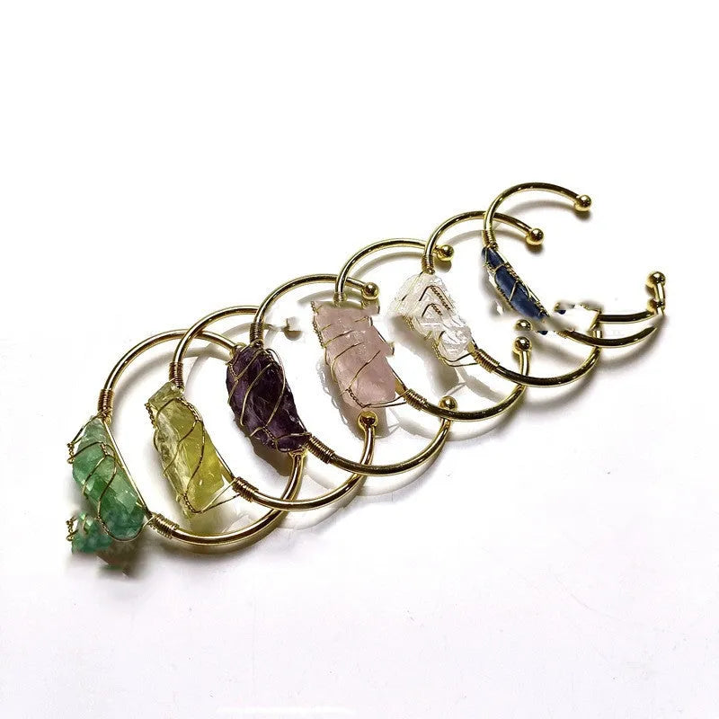 Geometric natural crystal bracelet with gold wire winding in mixed colours