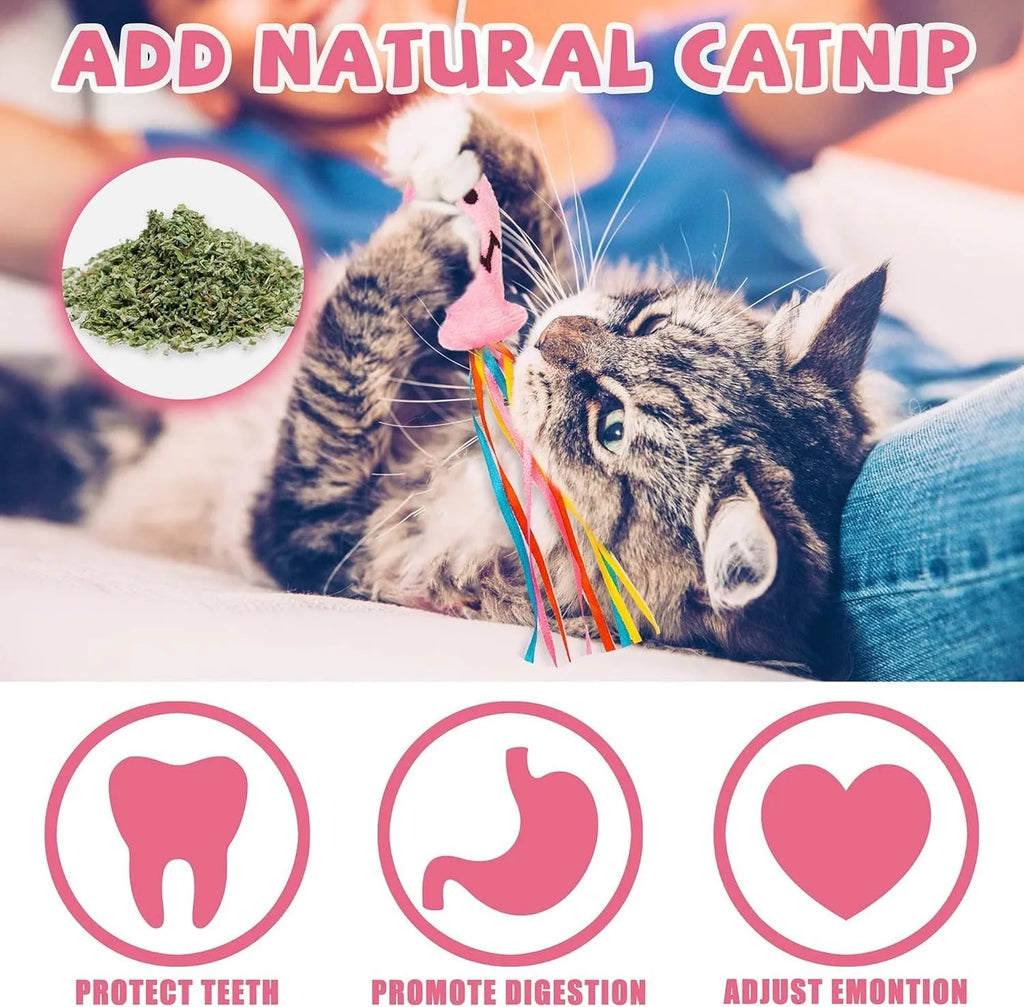 Cat wand toy with wooden handle, elastic rope, catnip fish, colourful ribbons and small bell