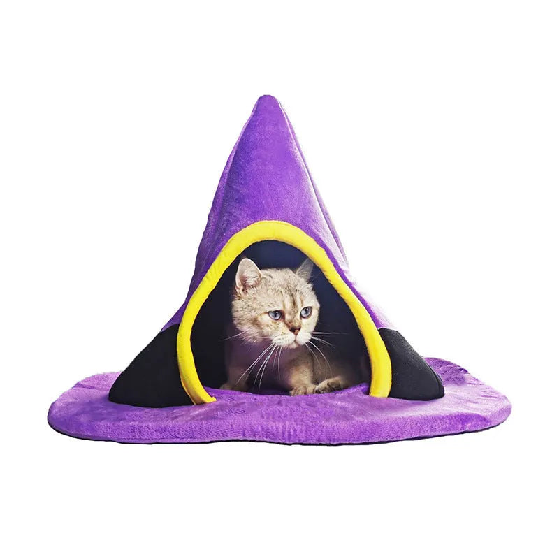 Purple Halloween witch hat shaped cloth cat bed measuring 60 by 45 centimetres