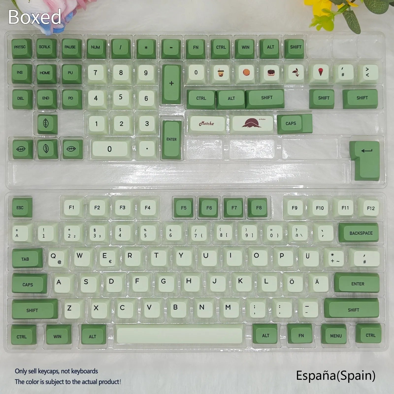 124 PBT keycaps with matcha green colour and white doubleshot legends for mechanical keyboards.