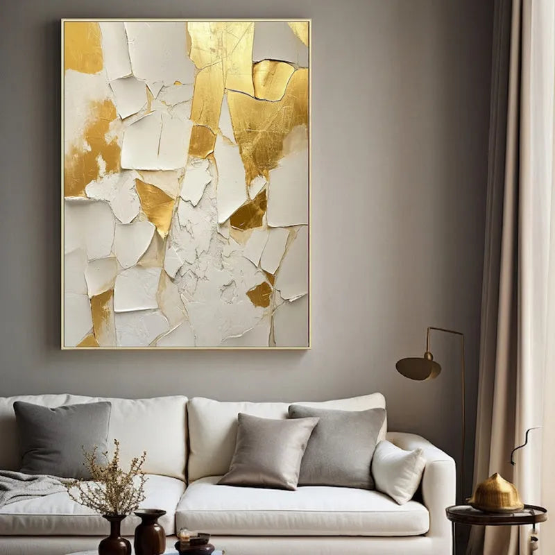Golden and white handmade abstract oil painting on canvas, vertical one-panel wall art, unframed