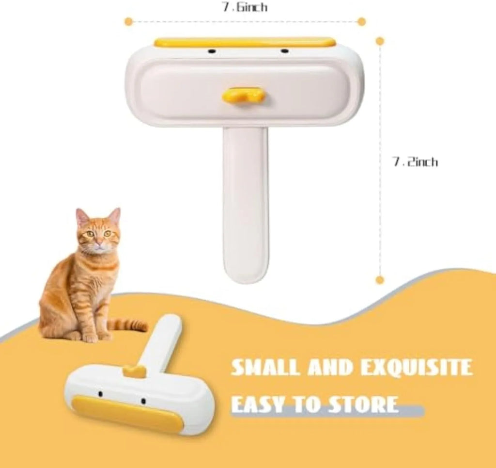 Portable pet hair brush with yellow duck design showing removable lid and polyester bristles
