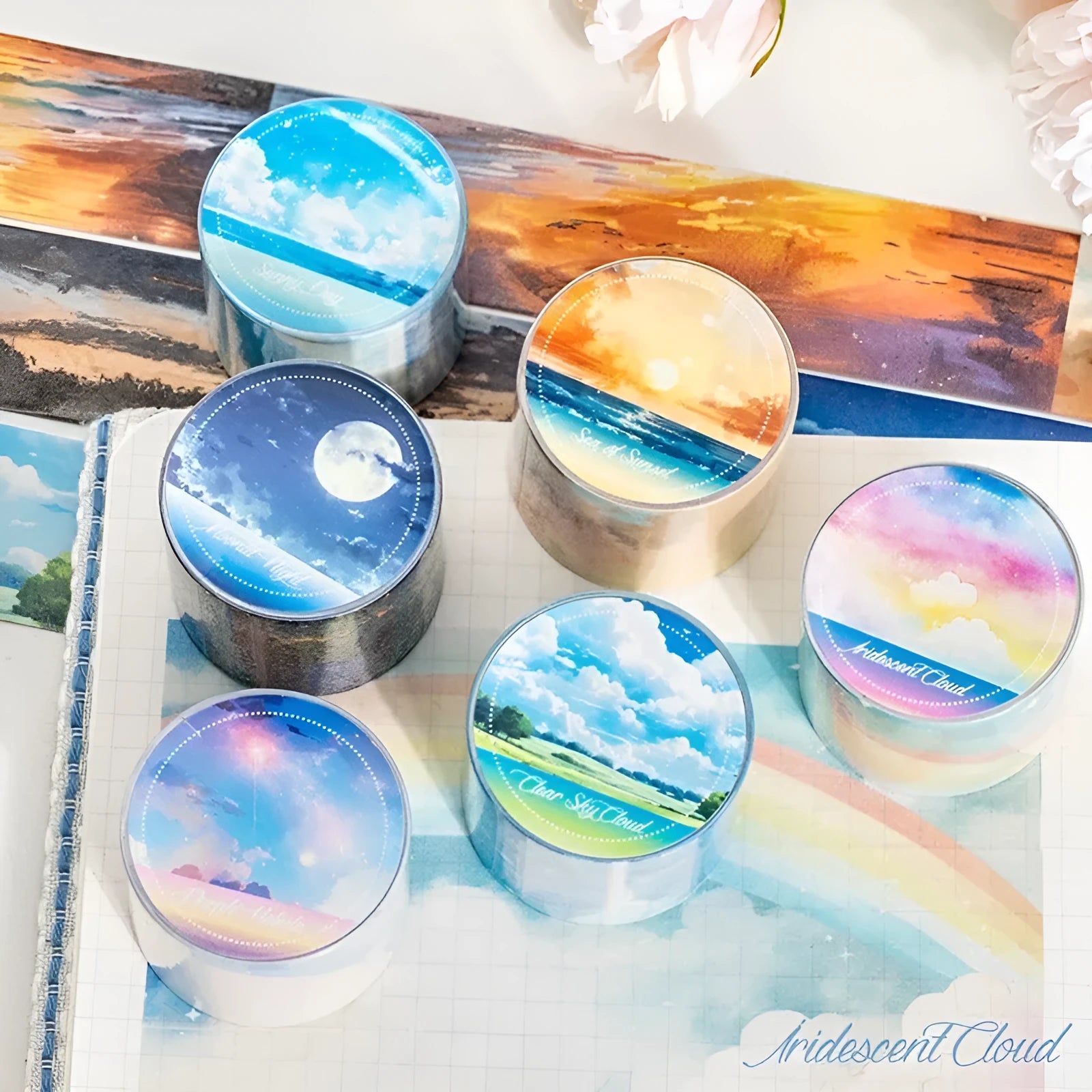 Japanese paper sky theme decorative tape roll with colourful cloud design, 30mm width