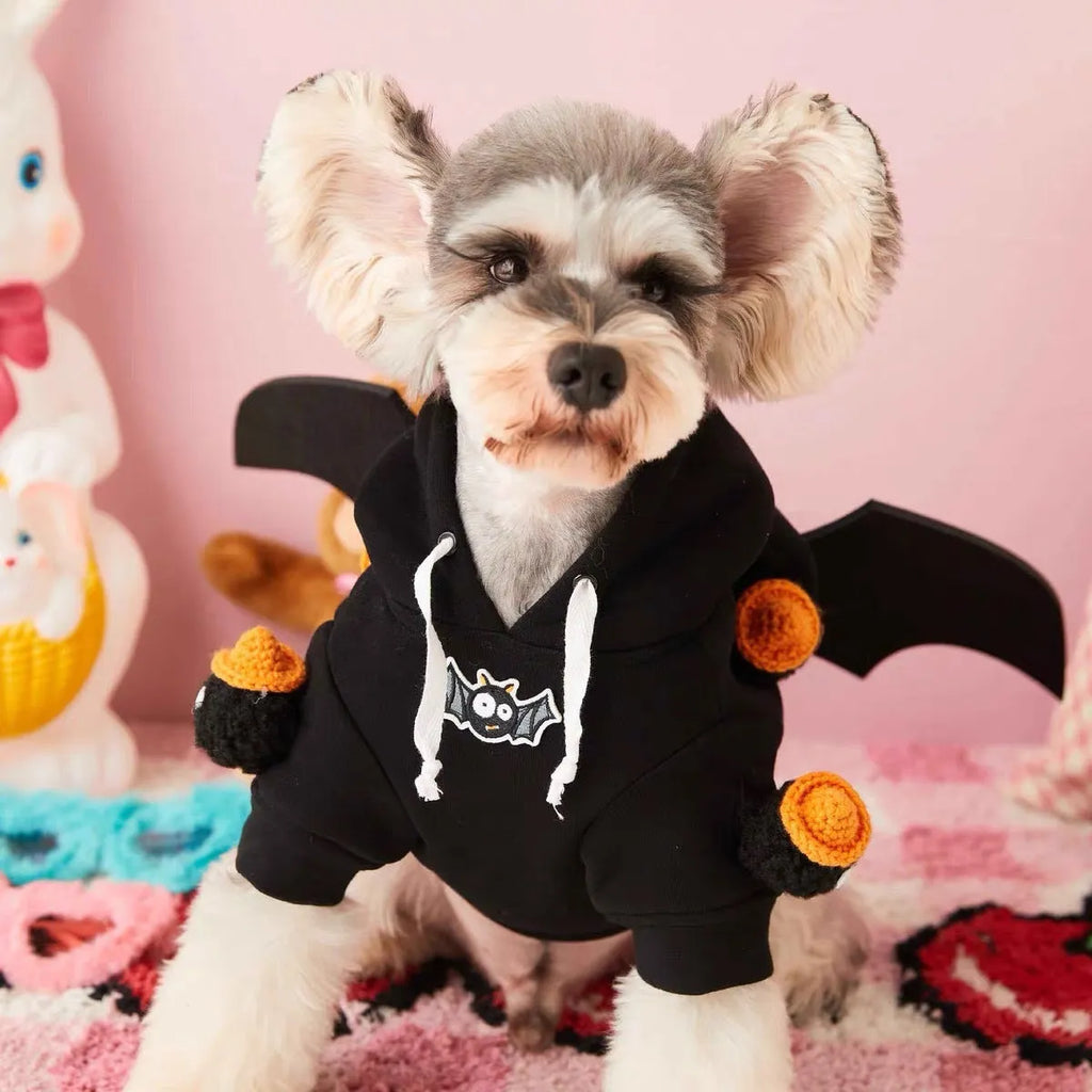 Detachable wings cotton pet hoody for Teddy Schnauzer Bichon in fleece-lined velvet, sizes S to XXL