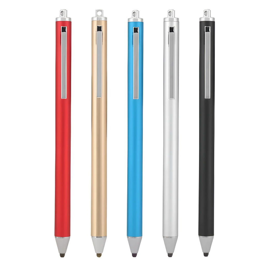 Metal fine-tip capacitive stylus pen in seven colour options on a touchscreen tablet.