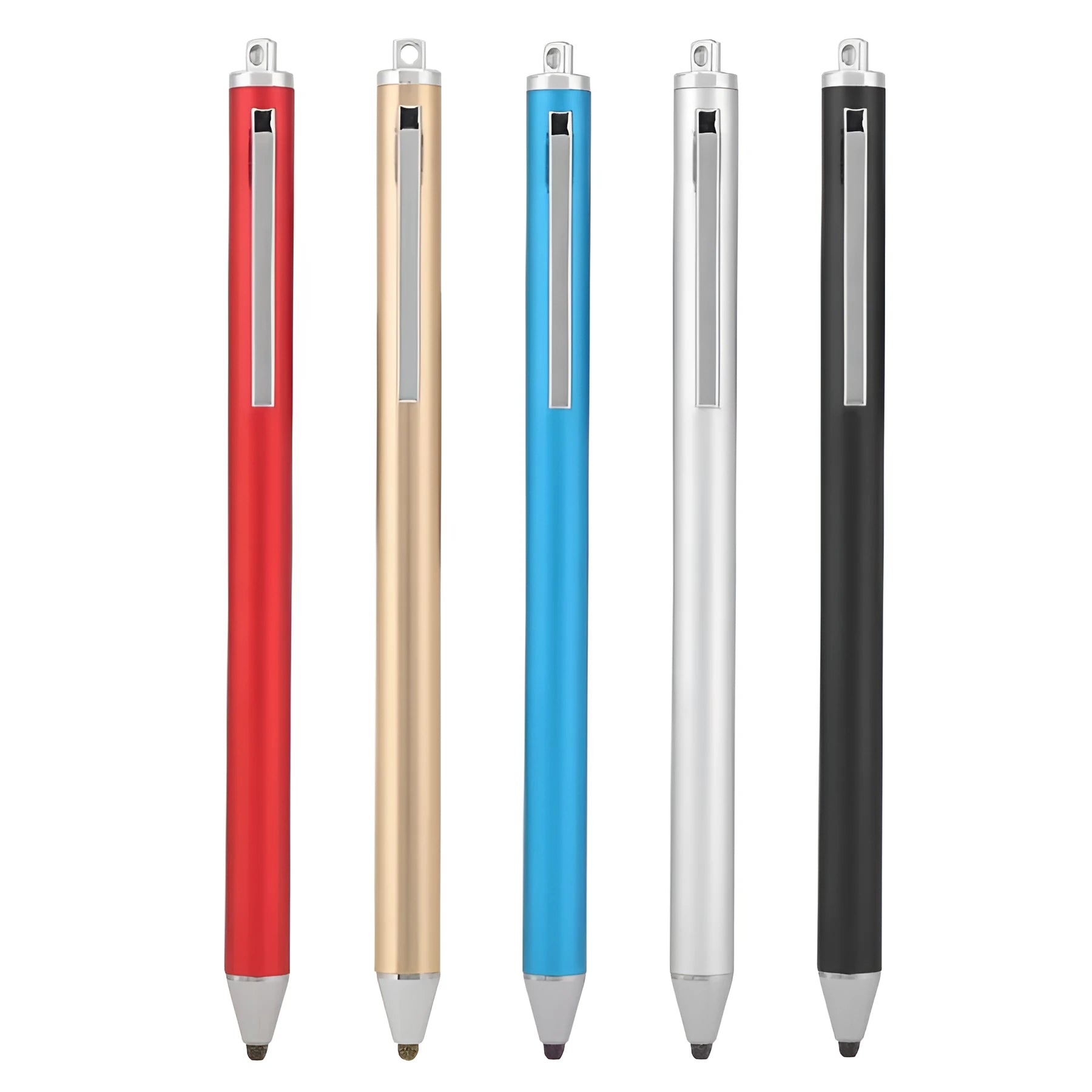 Metal fine-tip capacitive stylus pen in seven colour options on a touchscreen tablet.