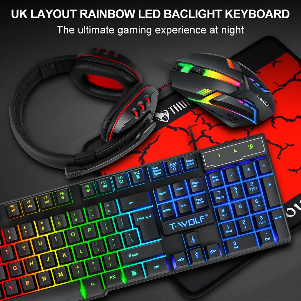 Thunder Wolf T800 wired gaming keyboard, mouse, headset, and mouse pad four-piece bundle set on a desk