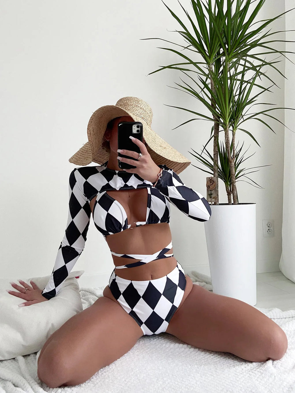 Women's plaid pattern long sleeve bikini set for swimming