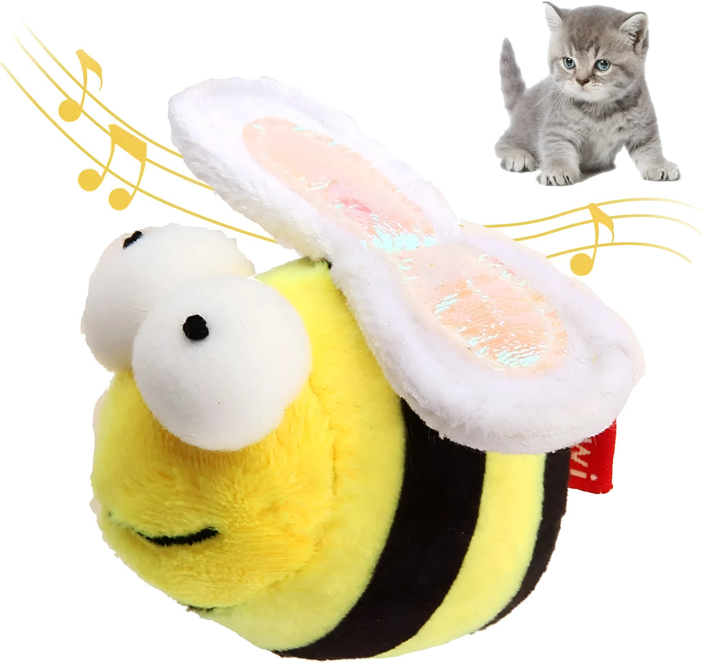 Yellow bee-shaped interactive cat toy with motion-activated squeaking function for indoor feline play