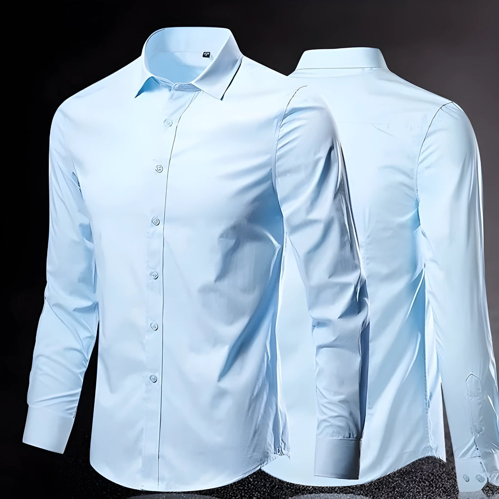 Men's slim-fit long-sleeve linen shirt on a hanger, shown in a light grey colour.