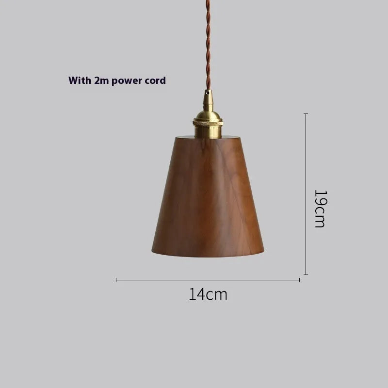 Close-up of a single-head droplight chandelier made from walnut wood art and copper, shown in one of four available colour styles.