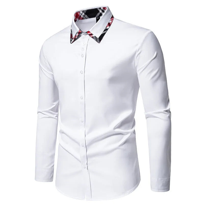 Men's plaid contrast colour long sleeve shirt with triangle collar in blue, black or white options