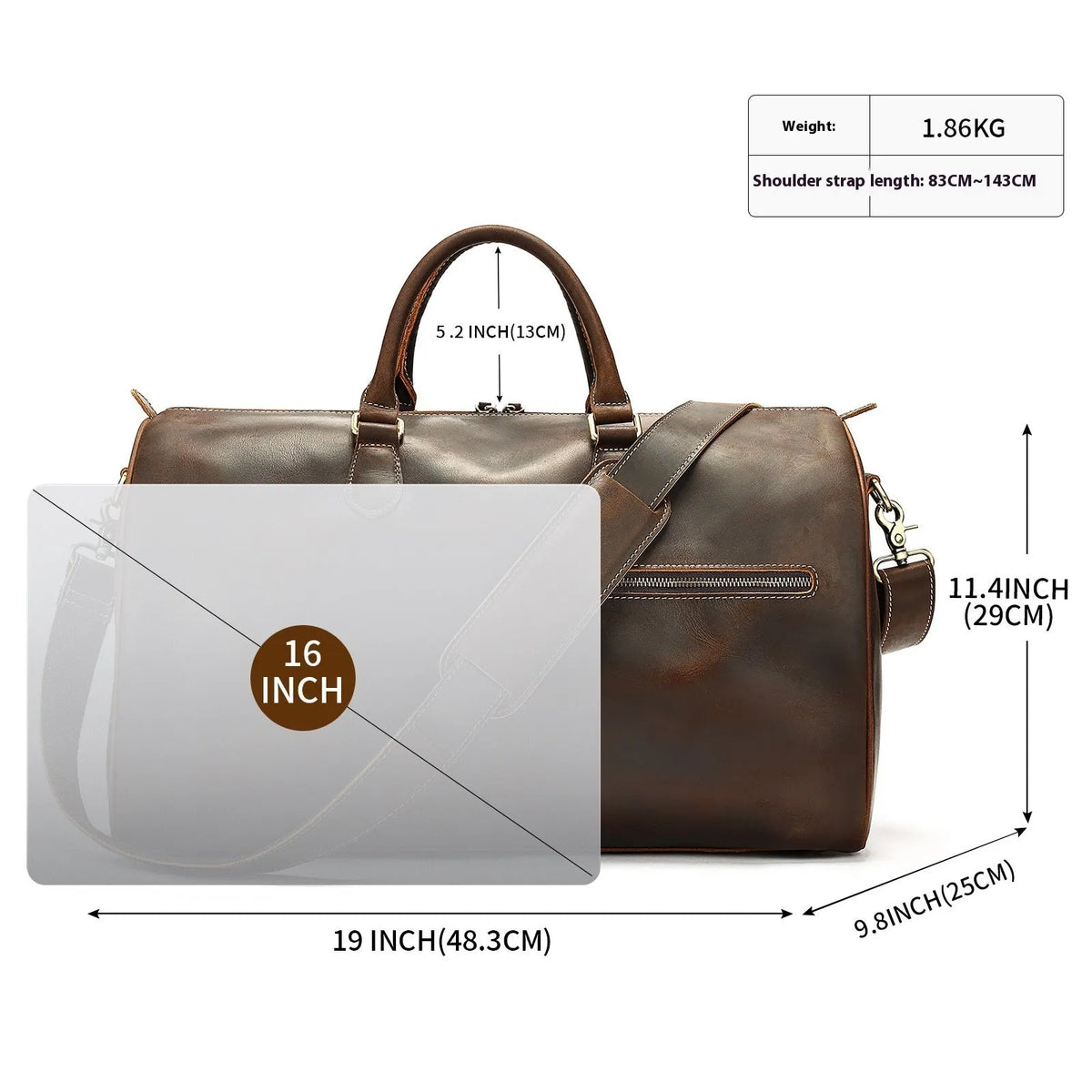 Men's brown leather crossbody bag with large main compartment showing textured cowhide exterior