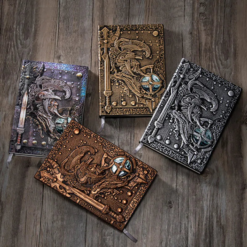 A5 leather notebook with 3D embossed warriors relief on the cover, shown in bronze colour.