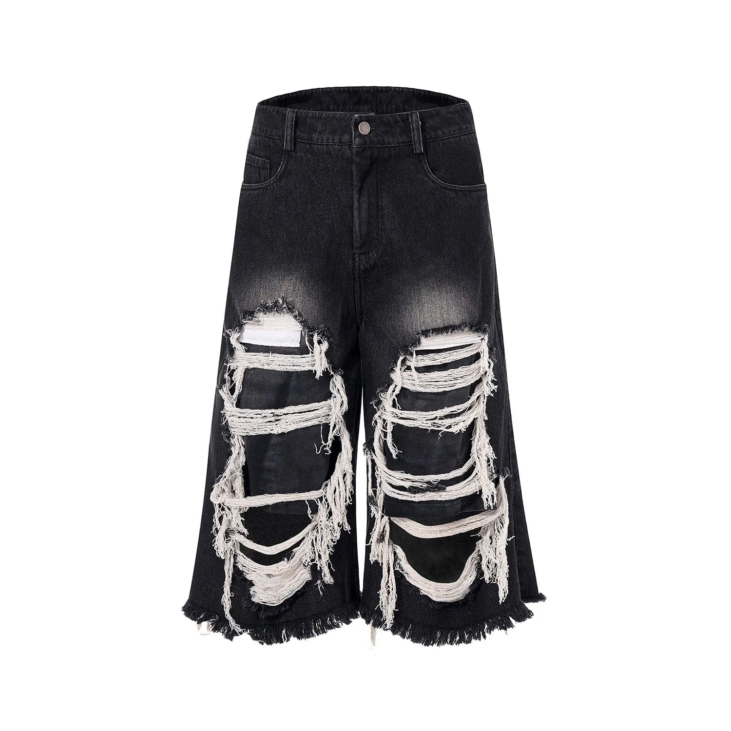 Black cropped wide-leg women's jeans with ripped patch details and mid-high waist
